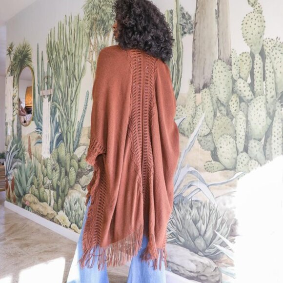 New Bohemian Knit Brown Fringe Long Cardigan Sweater Hippie Top Duster Western - Picture 1 of 3